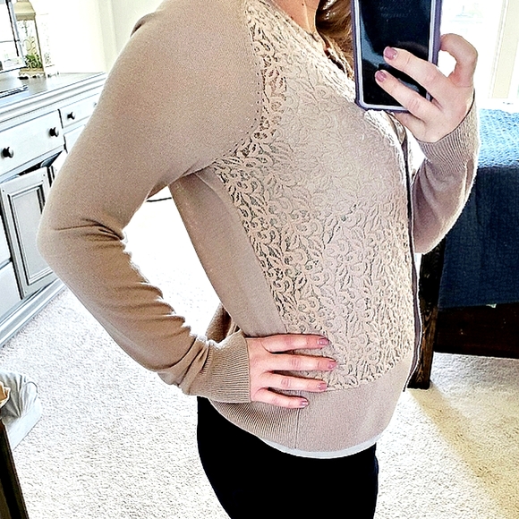 Women's Tan Khaki Brown Front Lace Button Up Dressy Cardigan Sweater Medium - Picture 11 of 13